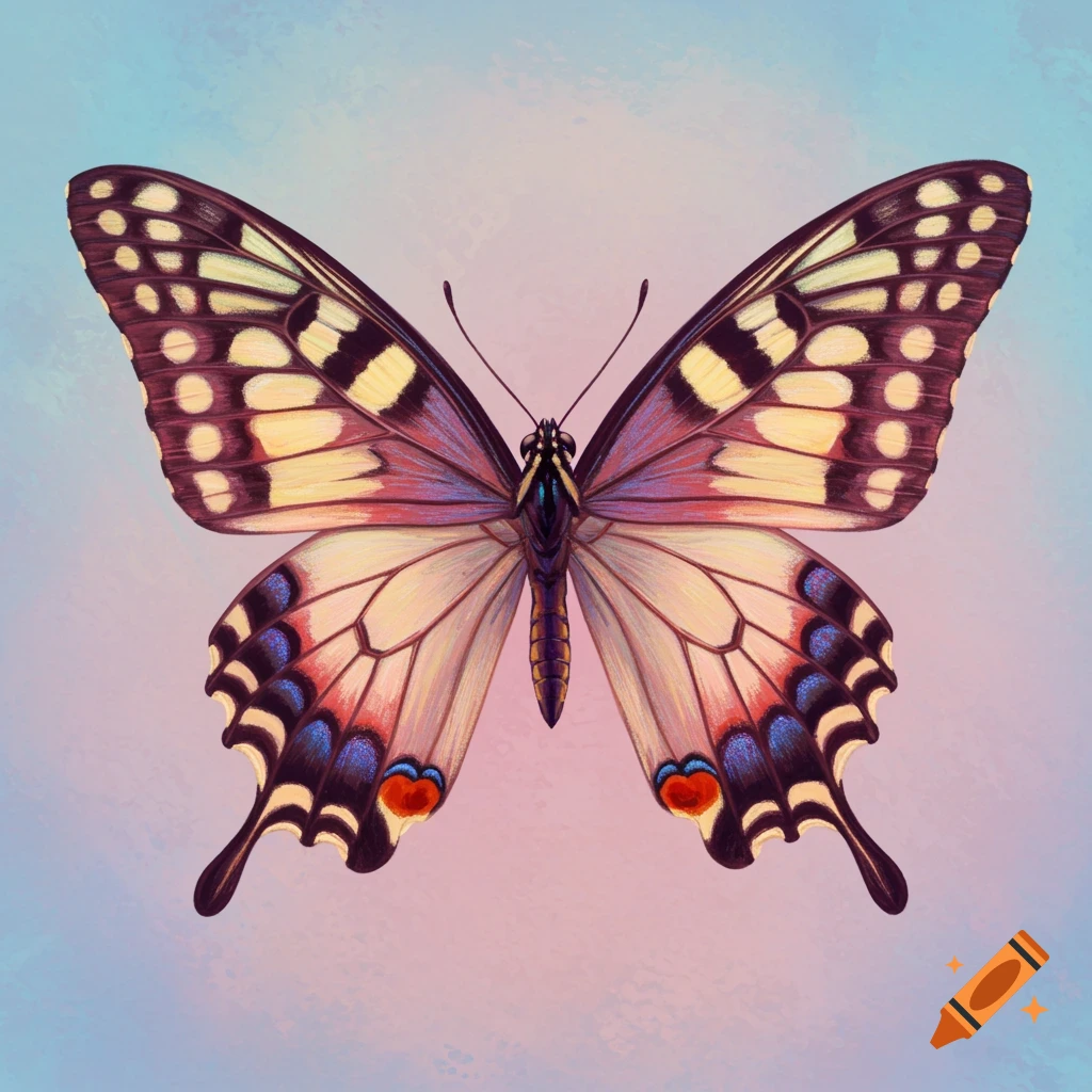A detailed image of a colorful butterfly with spread wings on a pink and blue gradient background.