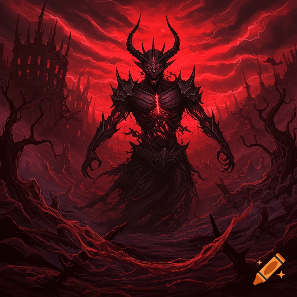 A large demonic creature with horns in a dark, ruined landscape under a red sky