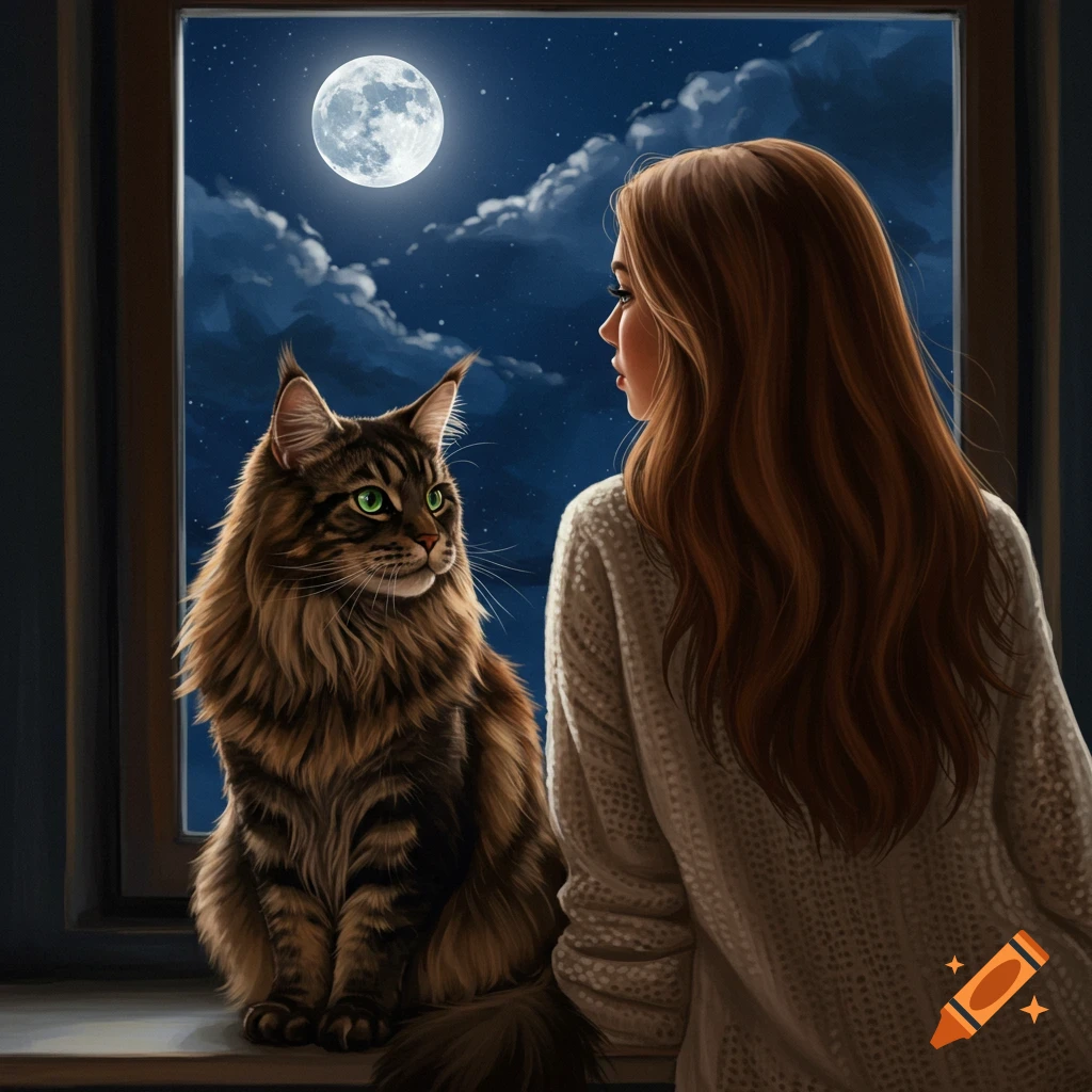 A woman and a large cat looking out a window at a full moon.