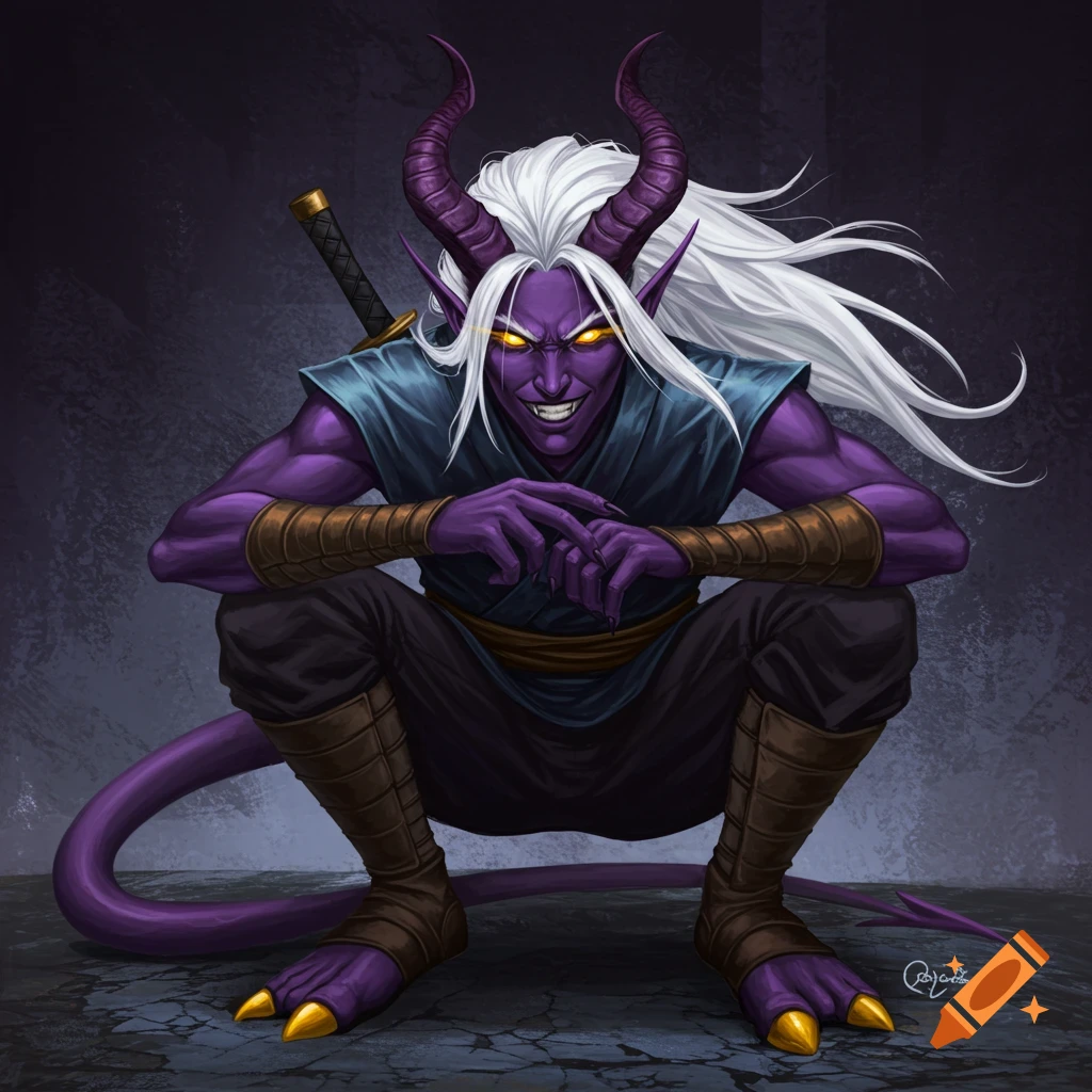 A purple-skinned tiefling ninja with white hair and glowing yellow eyes, crouching and smirking.