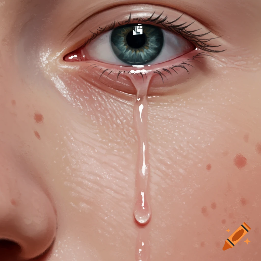 A close-up of an eye with a tear rolling down the cheek.