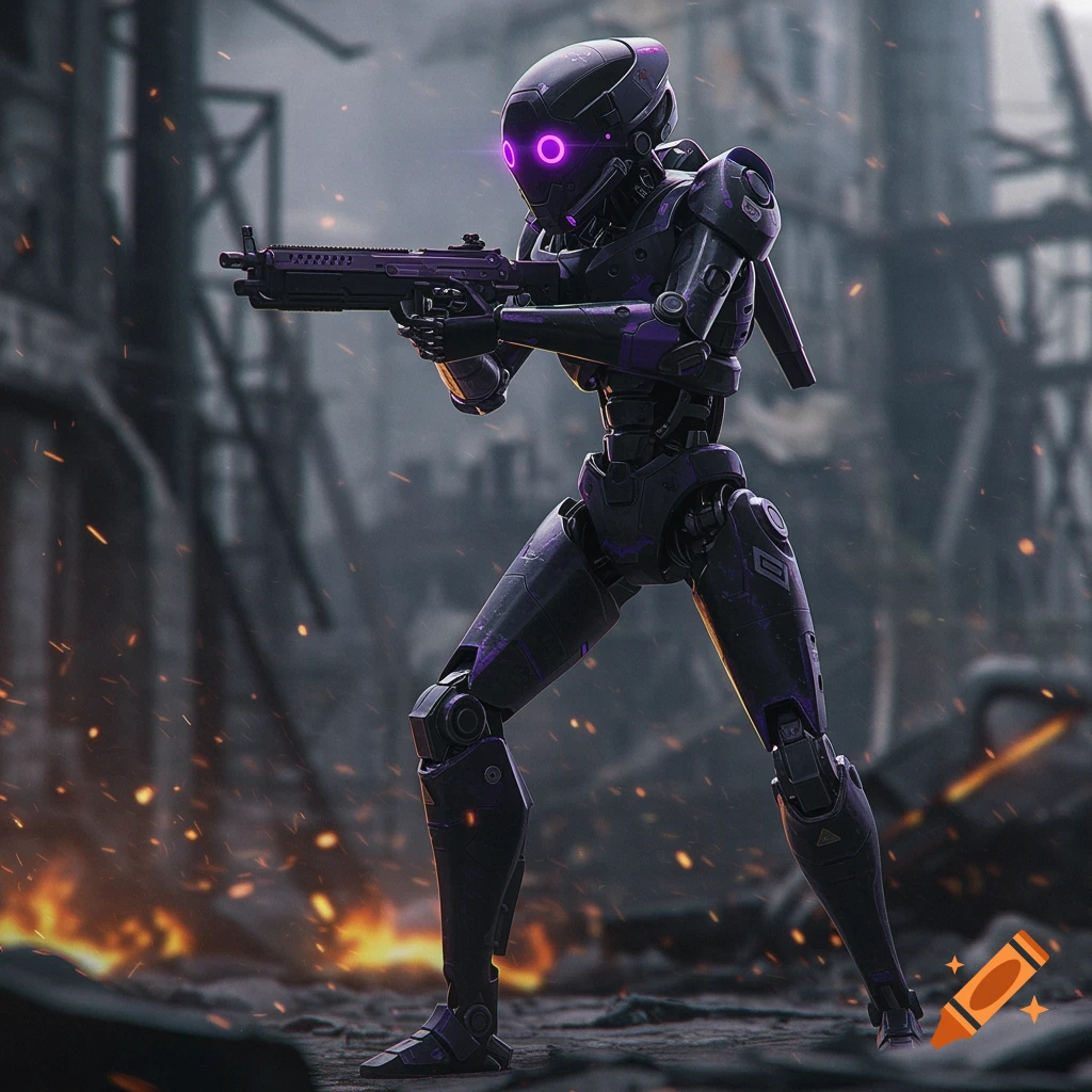 A dark armored robot with glowing purple eyes stands in a ruined city, aiming a rifle in a cinematic sci-fi scene with fire.