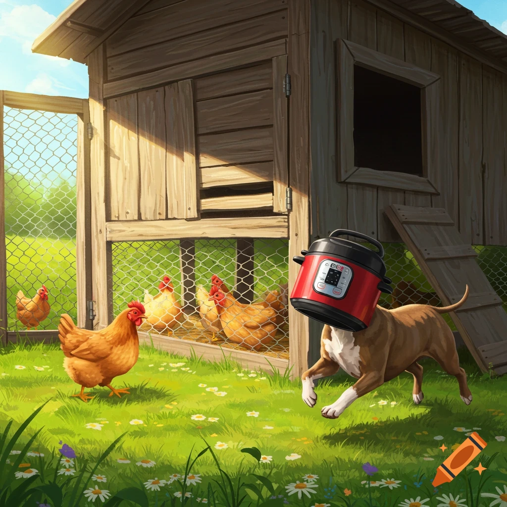 A Pit bull dog running with a red Instant Pot in its mouth past a chicken coop filled with chickens.