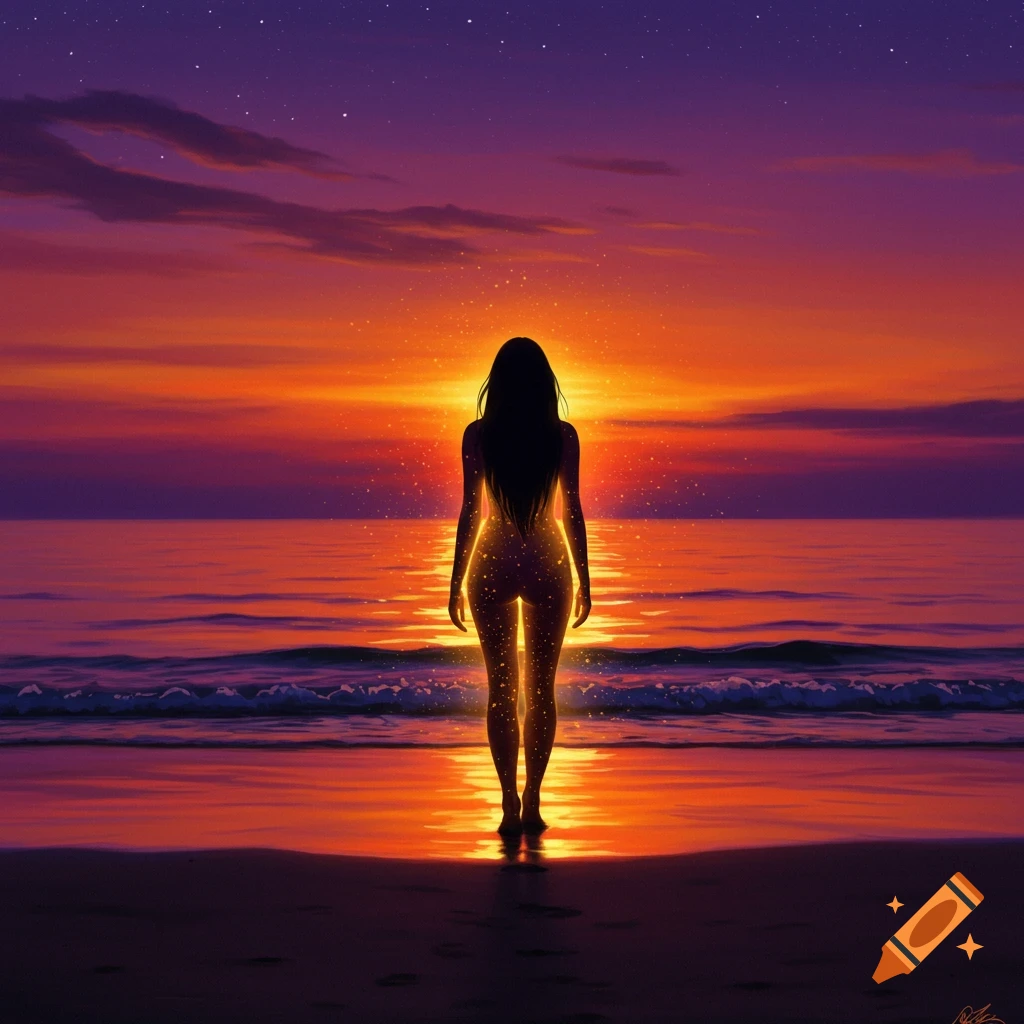 A woman stands silhouetted against a vibrant beach sunset, light sparkling around her body.