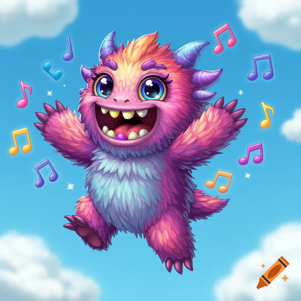Whimsical cartoon monster singing with music notes floating in a blue sky with clouds.