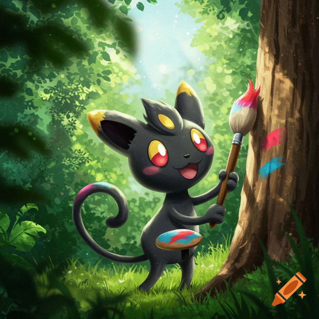 A black Pokemon with yellow markings painting on a tree in a forest.