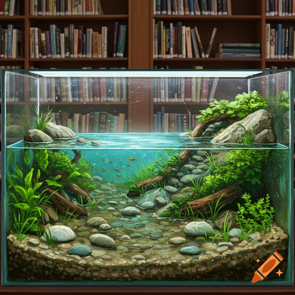 A river-style aquarium in a library setting.