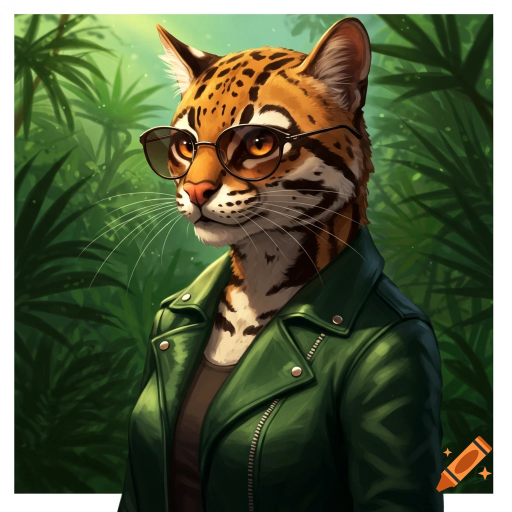 An ocelot wearing sunglasses and a green leather jacket in a jungle.