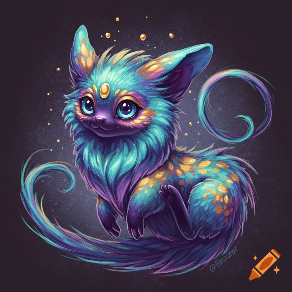 A cute, fluffy fantasy creature with blue and purple fur, big eyes, and gold accents.