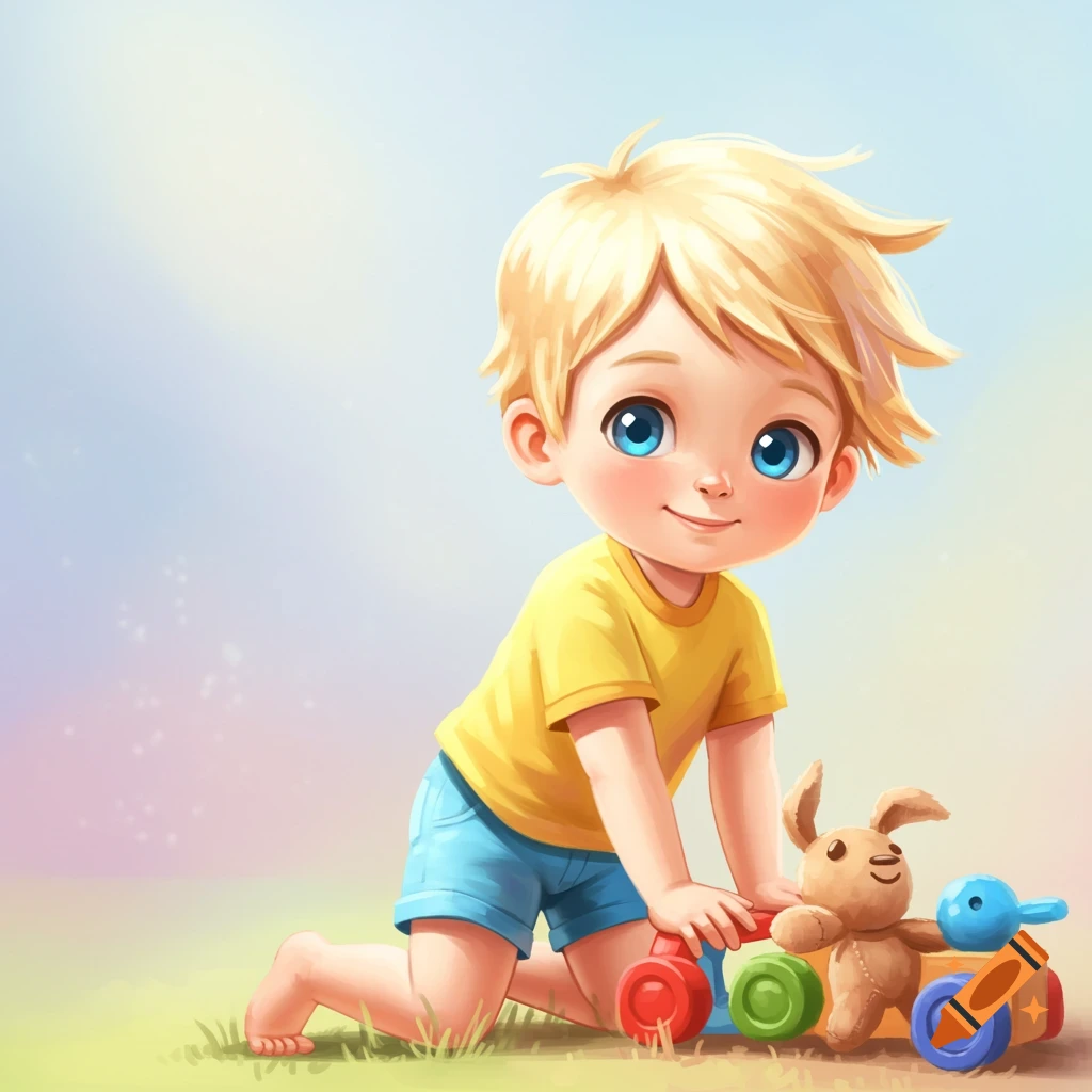 Digital illustration of a smiling blonde child in a yellow shirt playing with a wooden toy train and a stuffed bunny.
