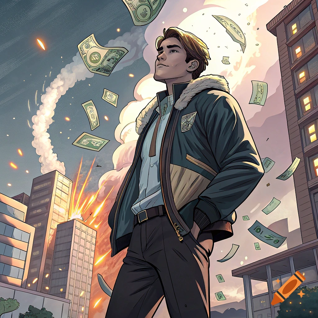Illustration of a man standing in a city with money falling and explosions behind him.