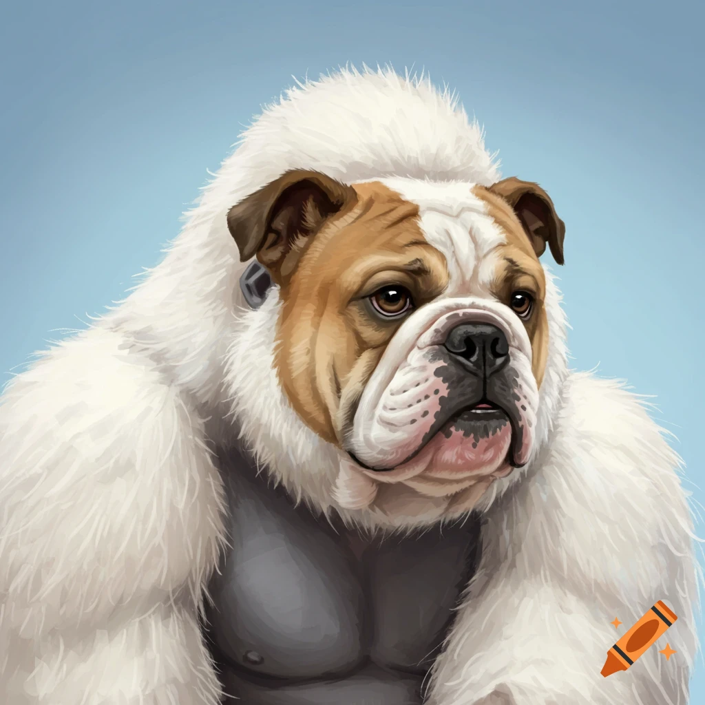 Creature with a bulldog head and a white furry gorilla body