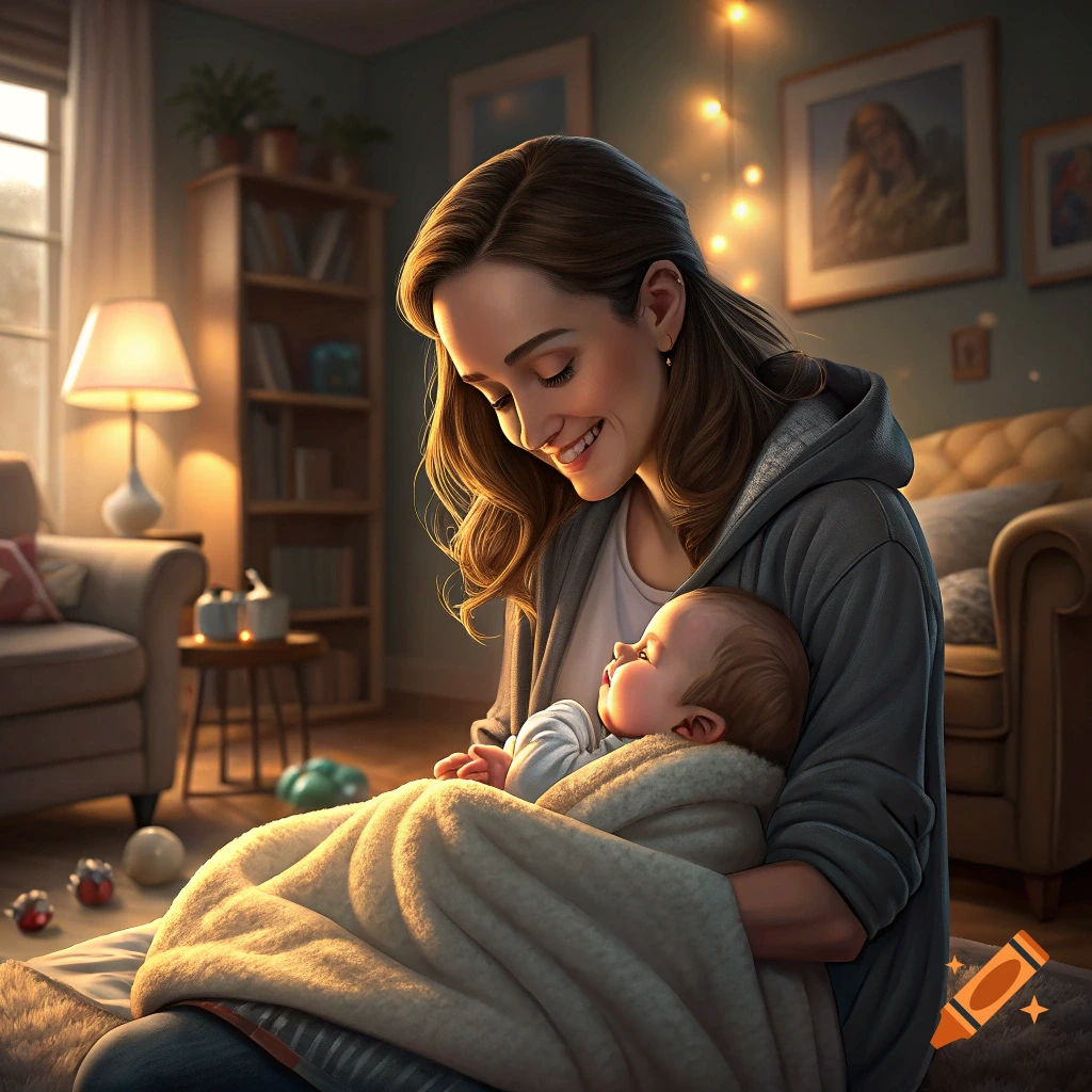 Woman holding a baby in a warm living room.