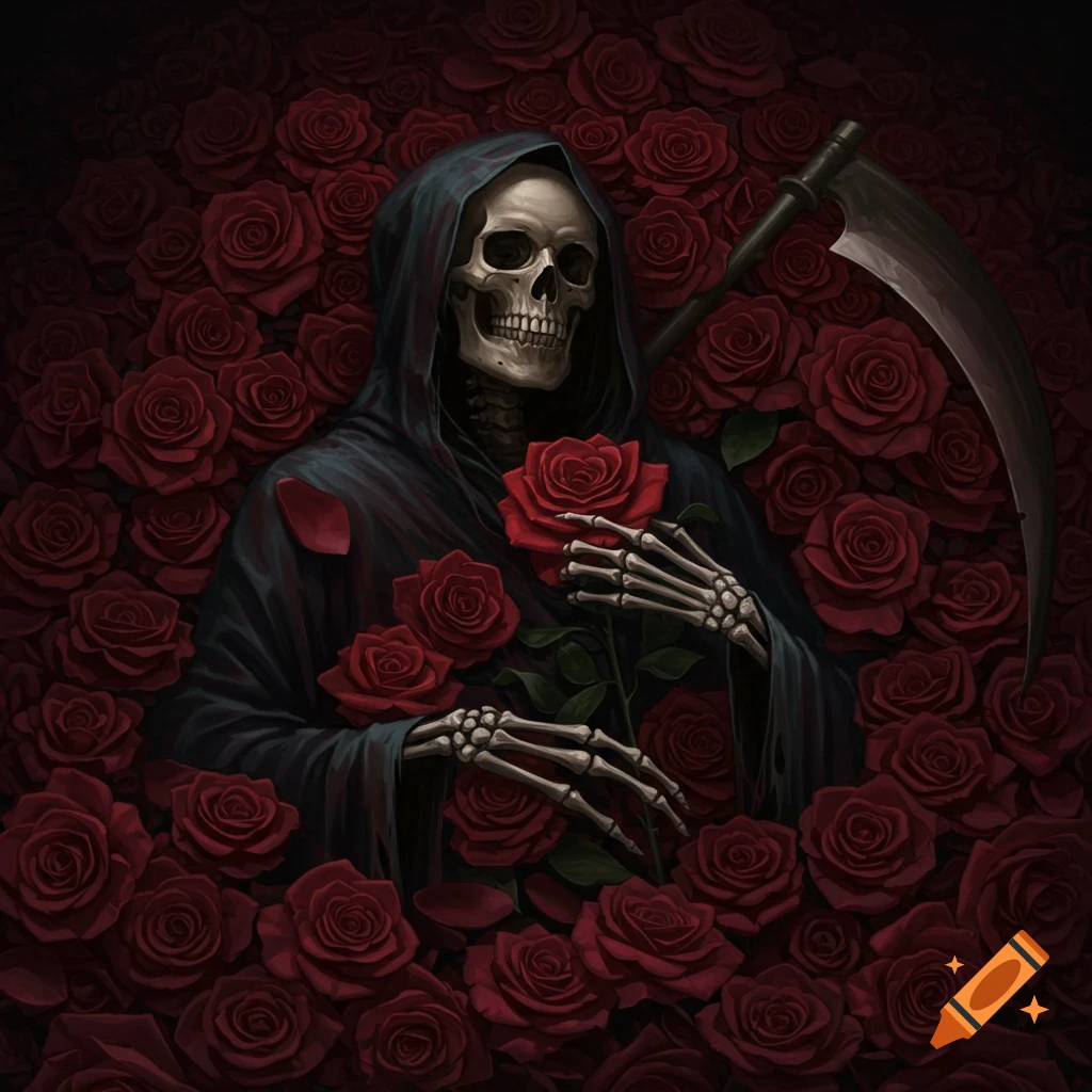A Grim Reaper holding a red rose, surrounded by more red roses.