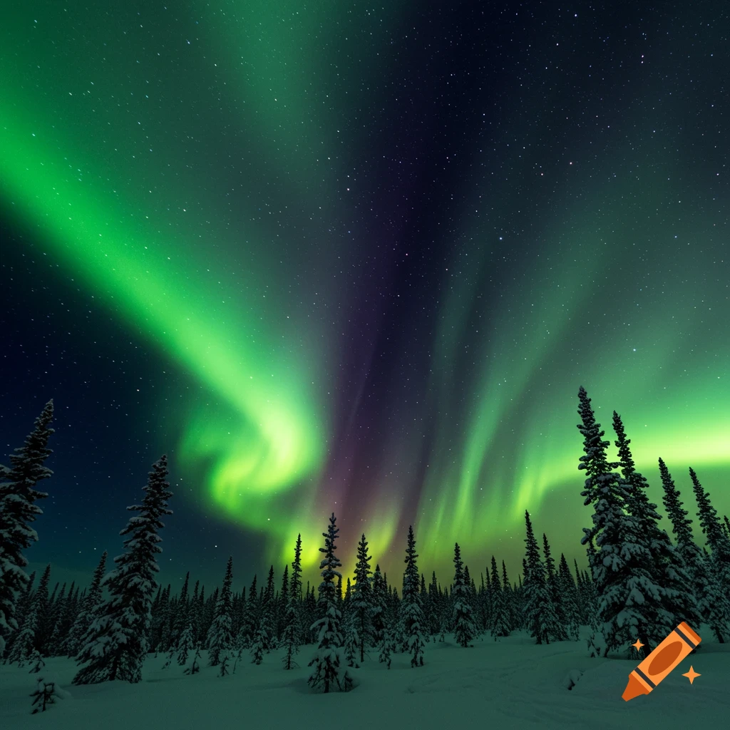 Vibrant green and purple aurora borealis over a snowy forest at night.