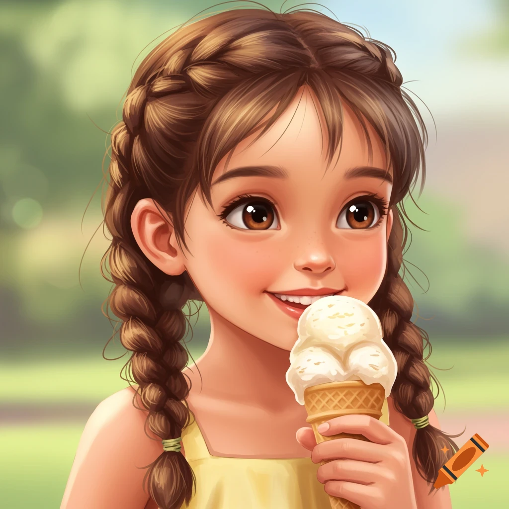 A smiling young girl with braided hair eating vanilla ice cream.