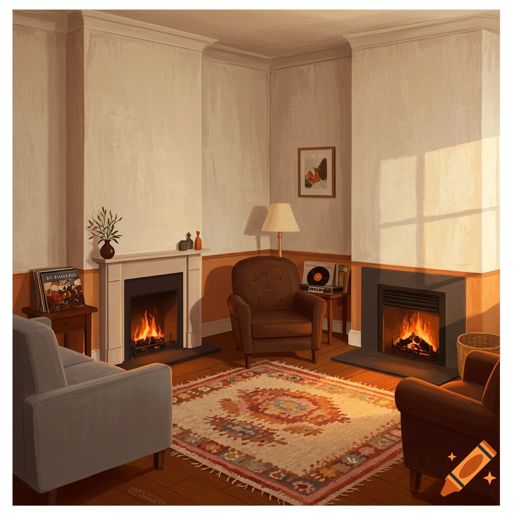 A cozy living room with fireplaces and furniture