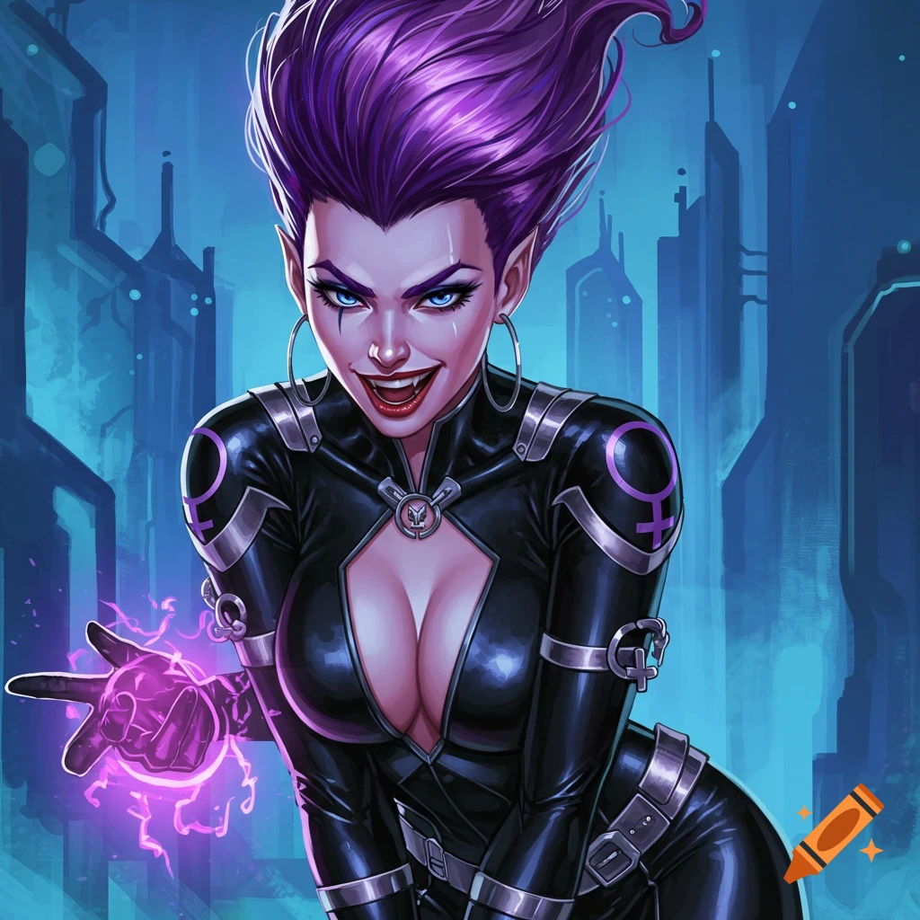 Digital art of a female supervillain with tall purple hair, black catsuit, and glowing hand, with a city background.