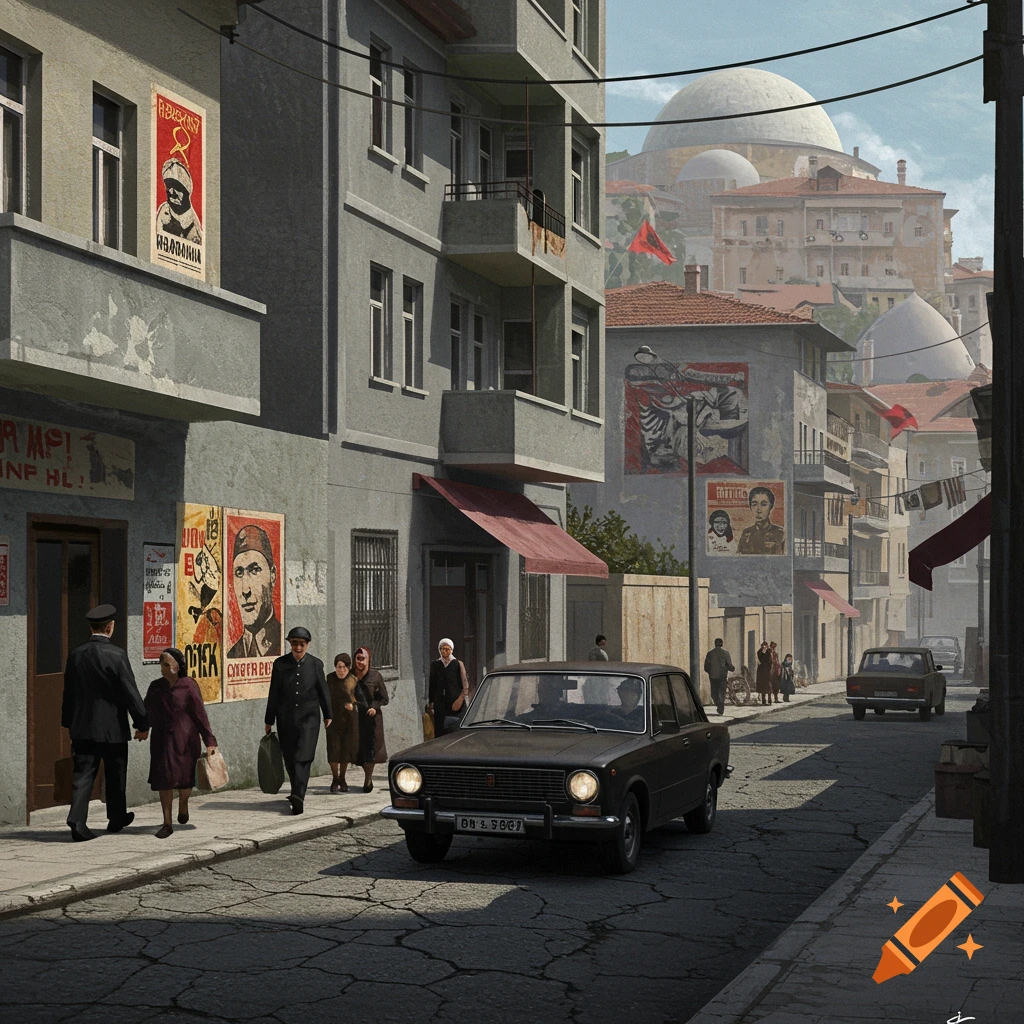 A street scene in a historical Eastern European city with people, old buildings with posters, and cars.