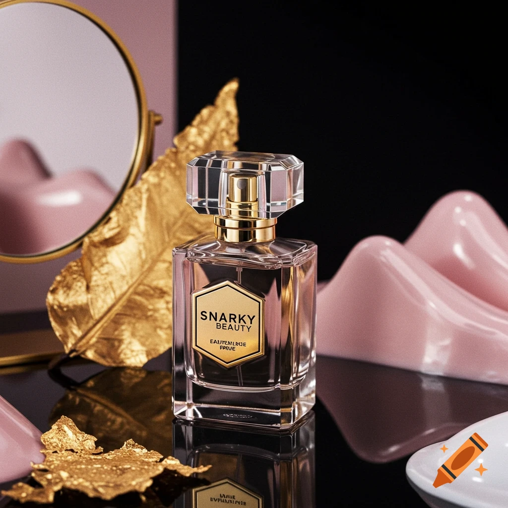 Photorealistic image of a perfume bottle with 'Snarky Beauty' label on a reflective surface with a mirror and gold leaf.