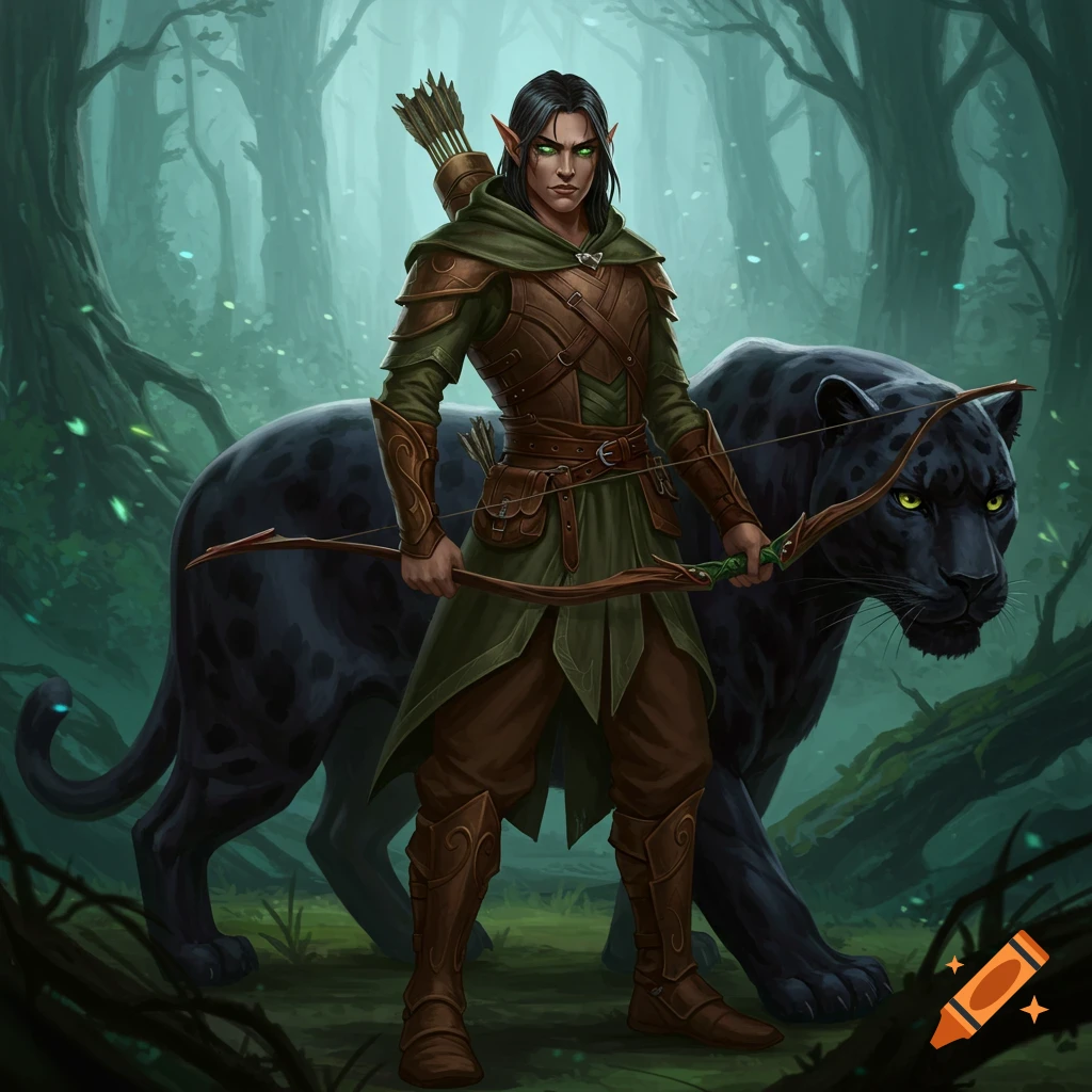 Dark-haired wood elf ranger holding a bow, standing next to a black panther in a forest.