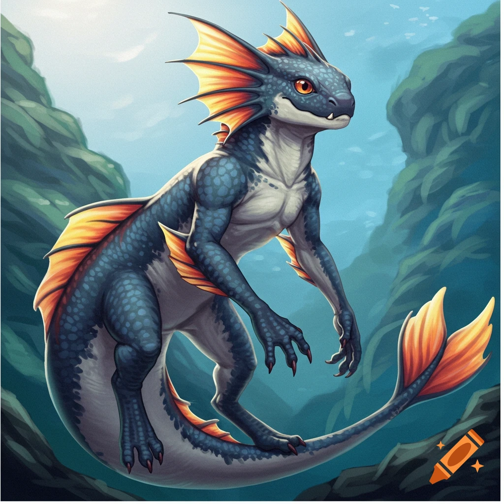 A blue-scaled reptilian creature with orange fins stands in an underwater cave.