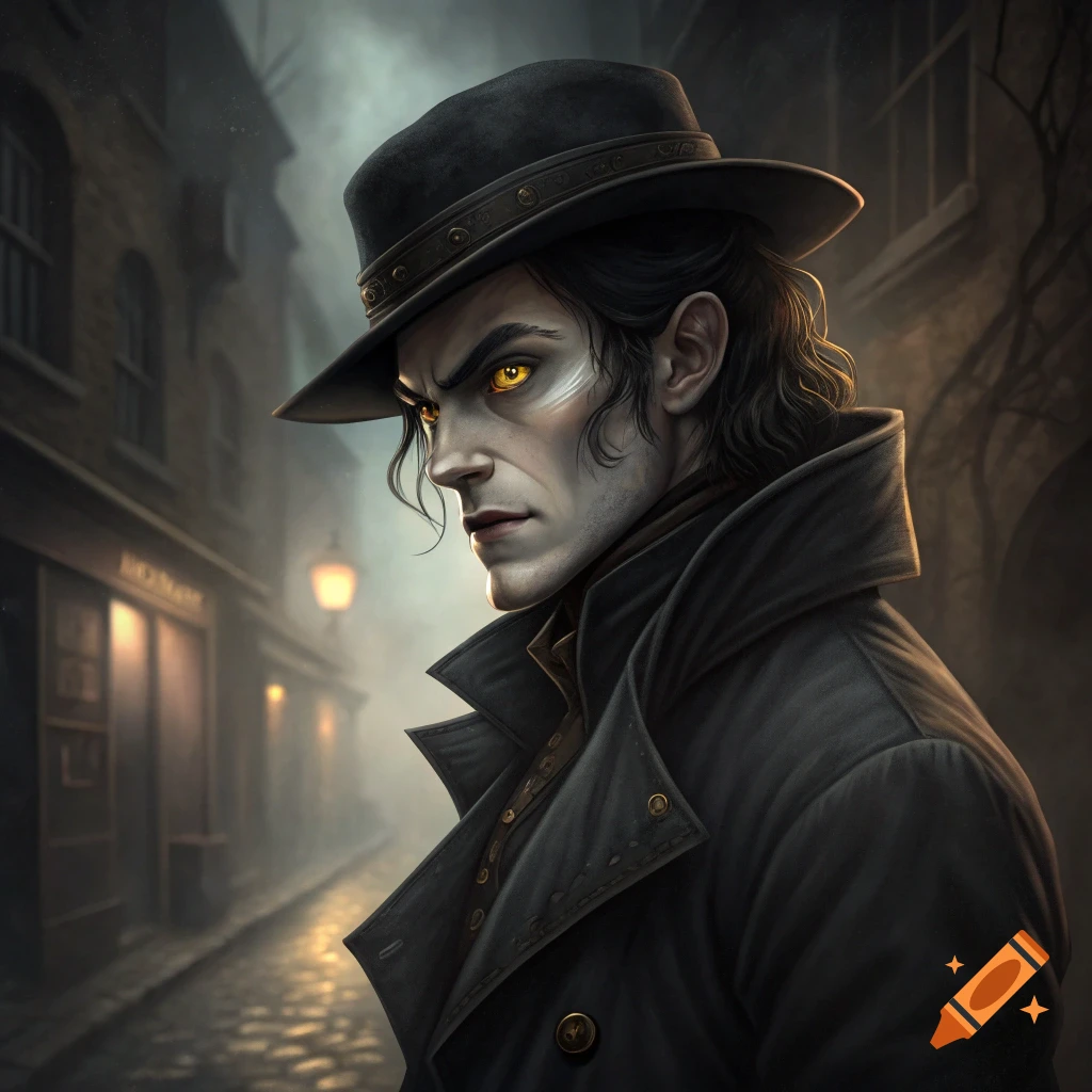 Portrait of a man with piercing yellow eyes, wearing a black hat and trench coat, standing in a foggy, cobblestone alley.