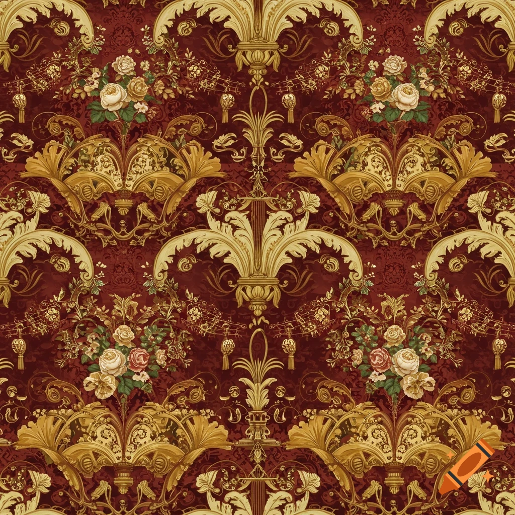 Seamless Victorian wallpaper pattern with ornate gold designs, deep red background, pink and yellow roses, and musical notes.