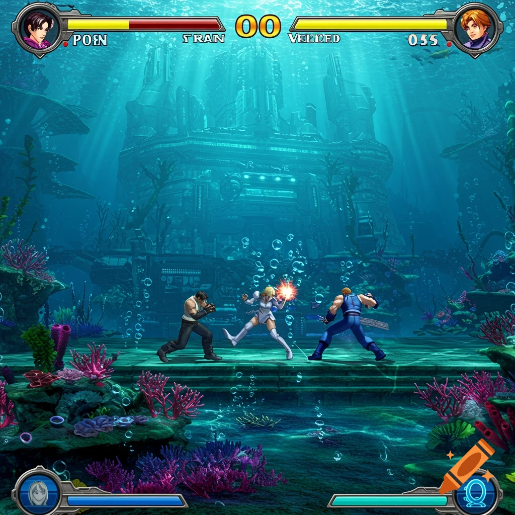 Fighting game screenshot underwater with UI, PS2 graphics style