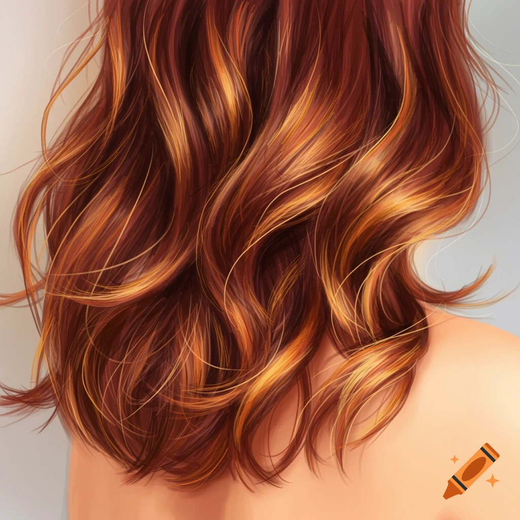 A person's back and shoulder are shown, featuring stylish, wavy, reddish-brown hair with golden highlights.