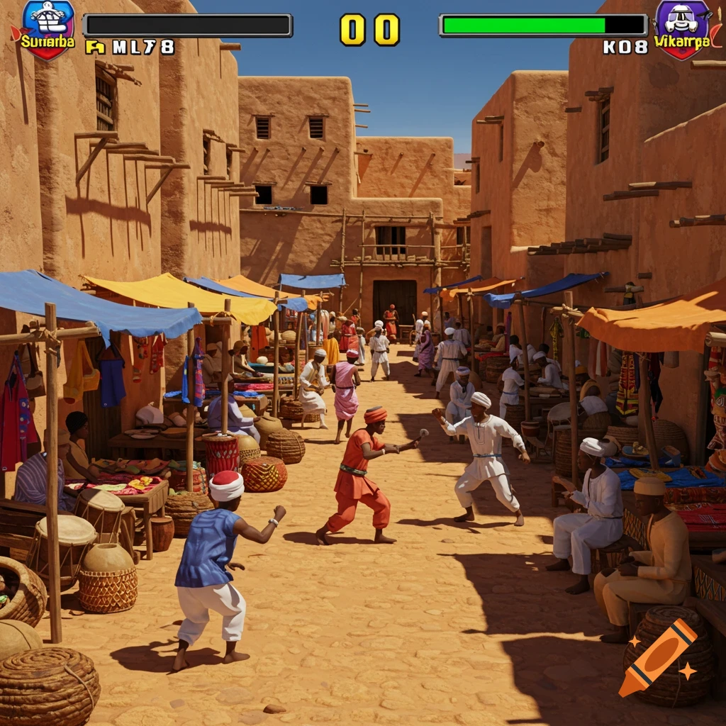 PS1 3D fighting game scene in a Malian trading post with UI overlay and figures facing off.