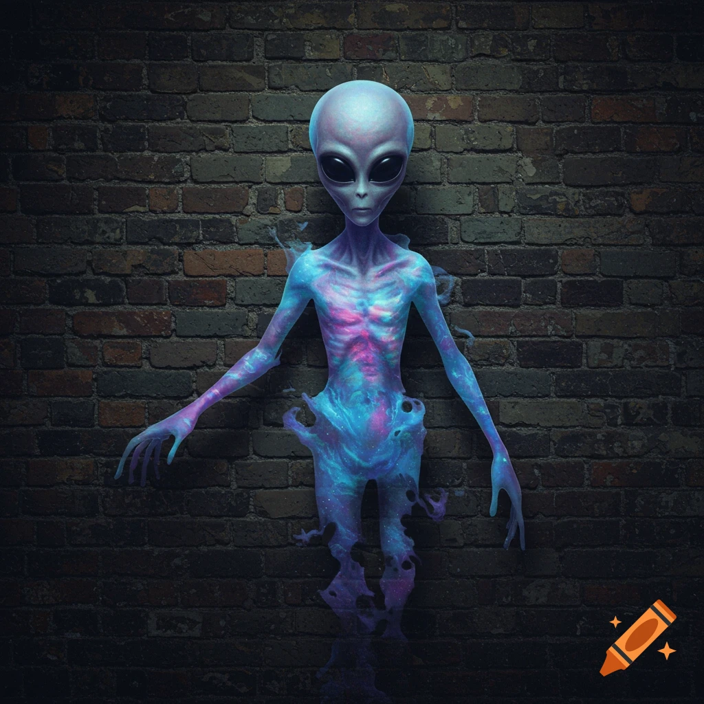 A translucent alien glows with nebulae patterns against a dark brick wall.