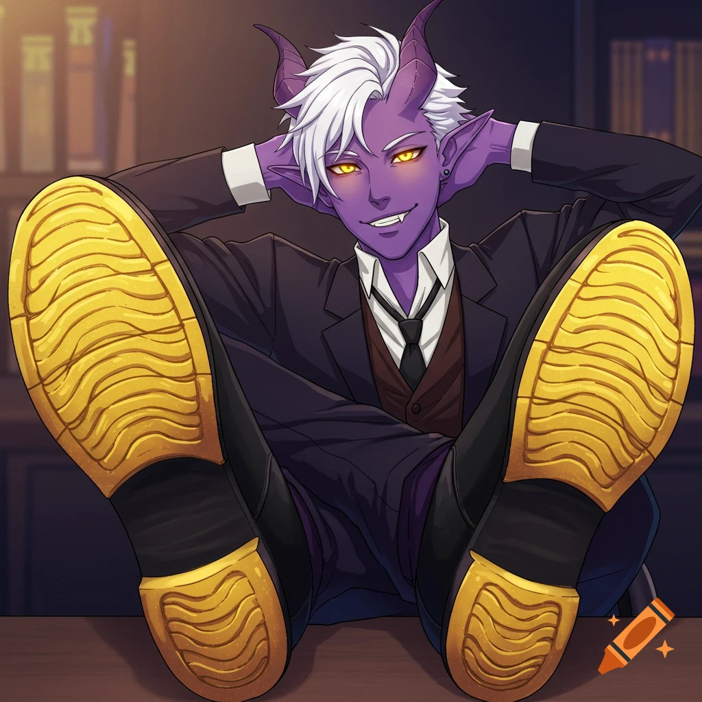 Anime tiefling in a suit with feet on a desk, soles of shoes visible