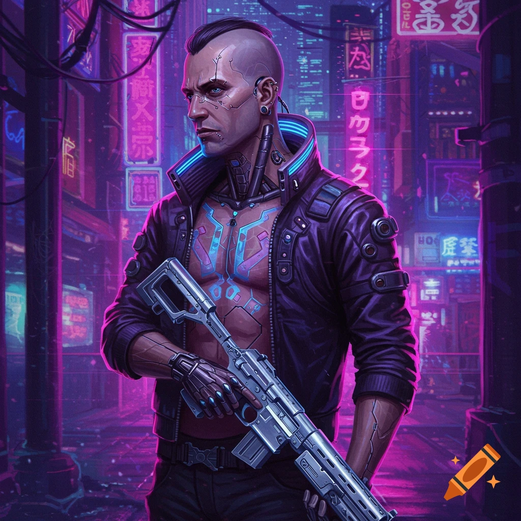 A cybernetic man holds a rifle in a neon-lit cyberpunk city street.