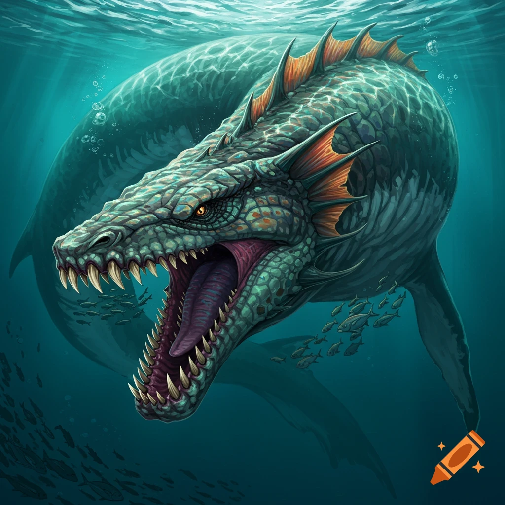A terrifying sea monster with sharp teeth surfaces in murky water