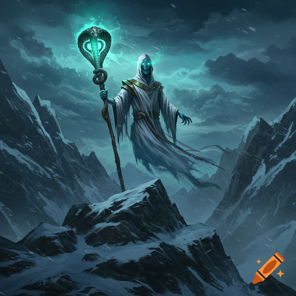 A ghost sorcerer on a snowy mountain holds a glowing cobra staff.
