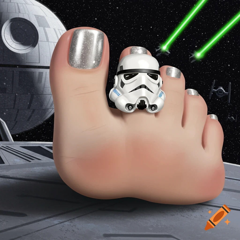 A large toe wearing a Stormtrooper helmet in a space scene with a Death Star.