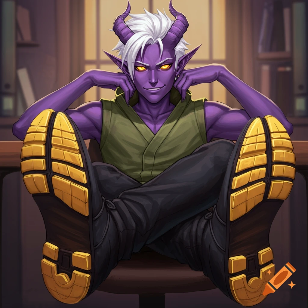 A purple-skinned tiefling with white hair and yellow eyes sits with feet on a desk.