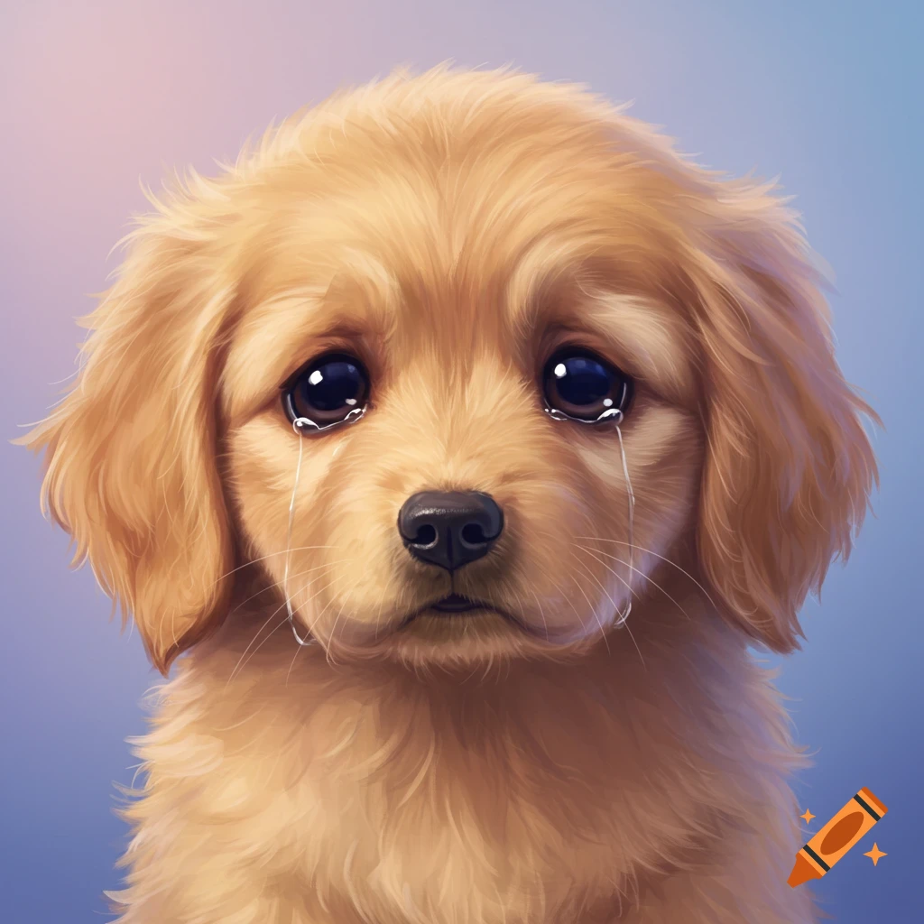 A golden retriever puppy is crying with tears streaming down its face.
