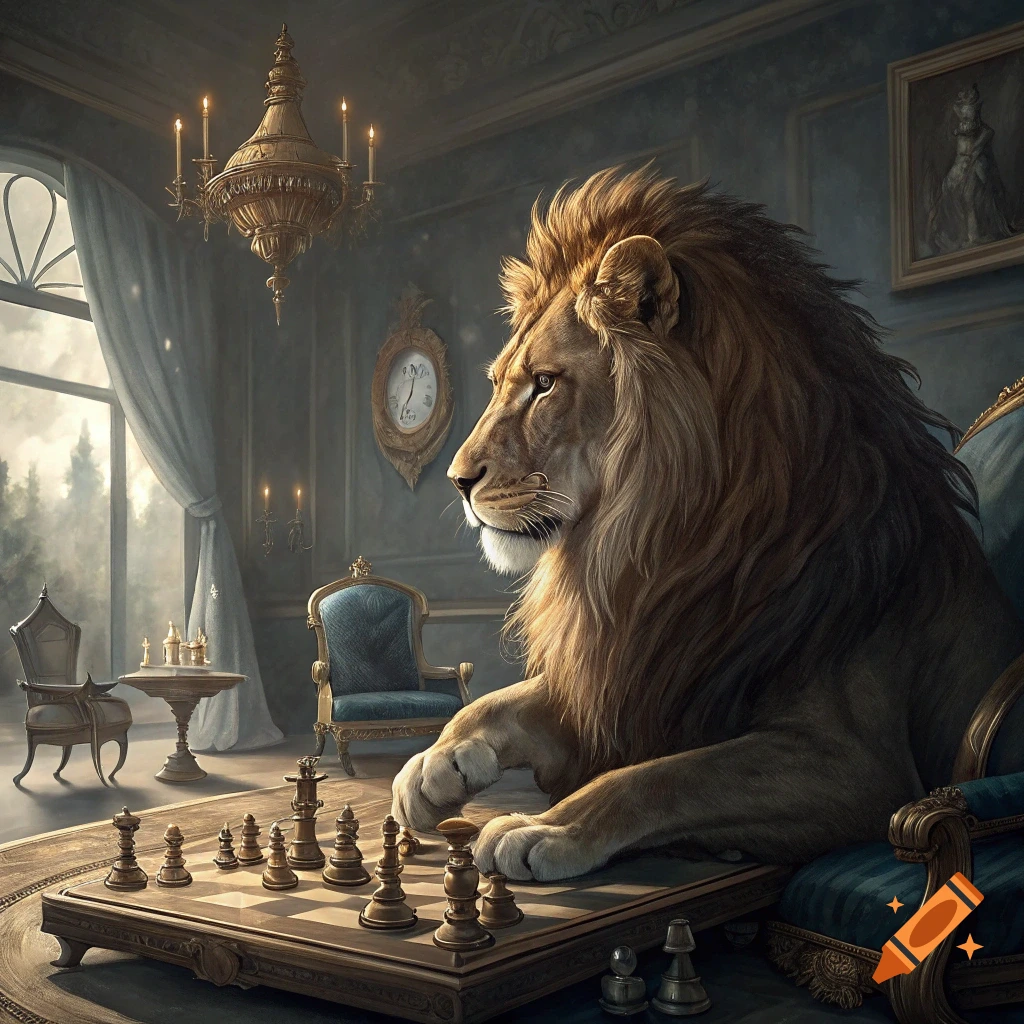 A large lion sits at a chess board in a lavish room, appearing to move a chess piece.