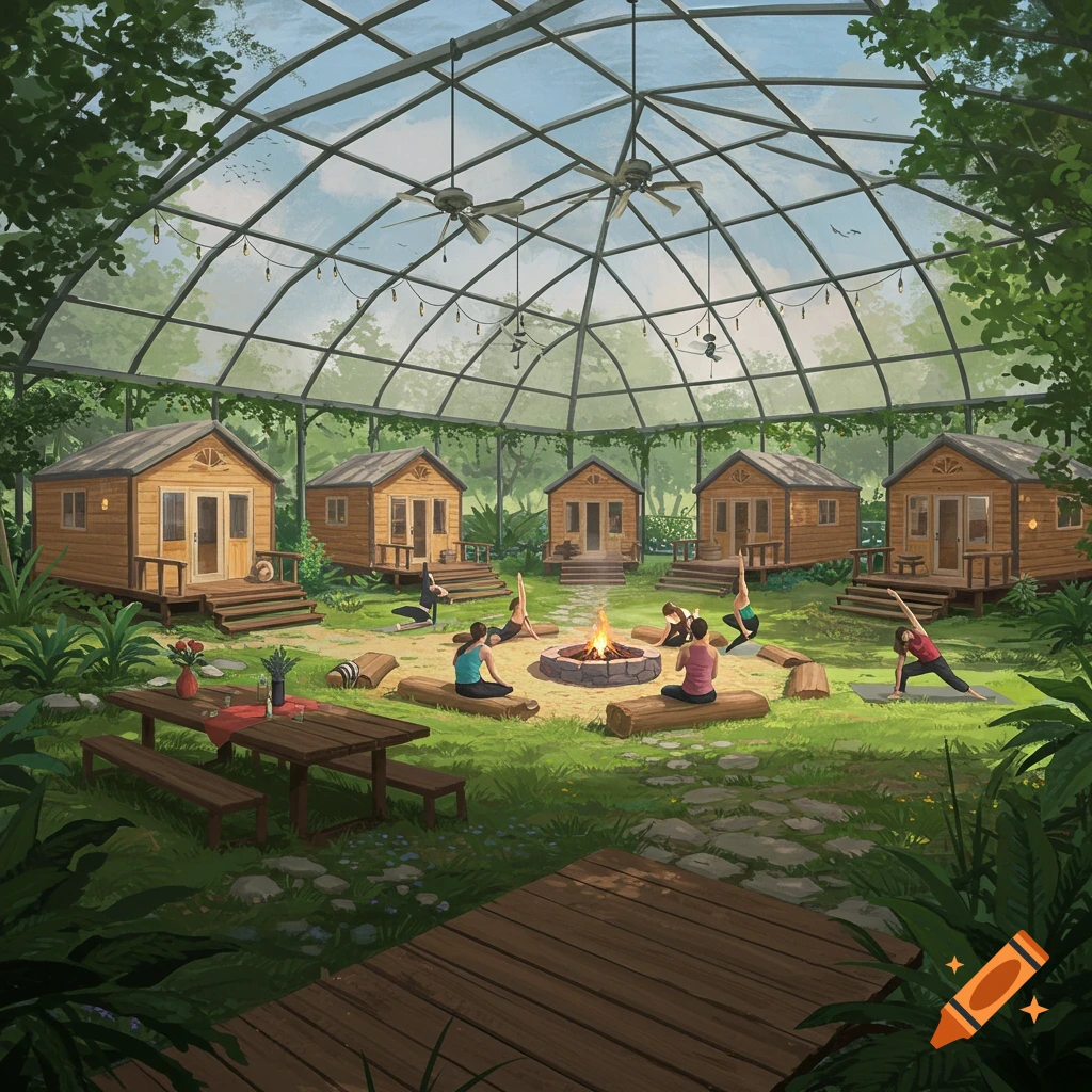 people doing yoga around a firepit inside a greenhouse with cabins