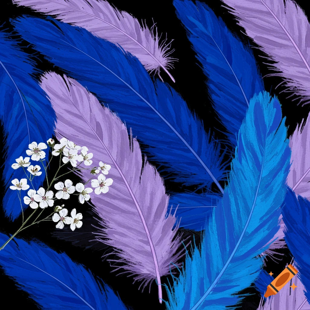 Blue and lilac feathers with white flowers on black