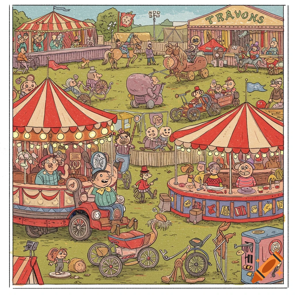 A whimsical cartoon illustration of a bustling fairground with characters on rides and tents.