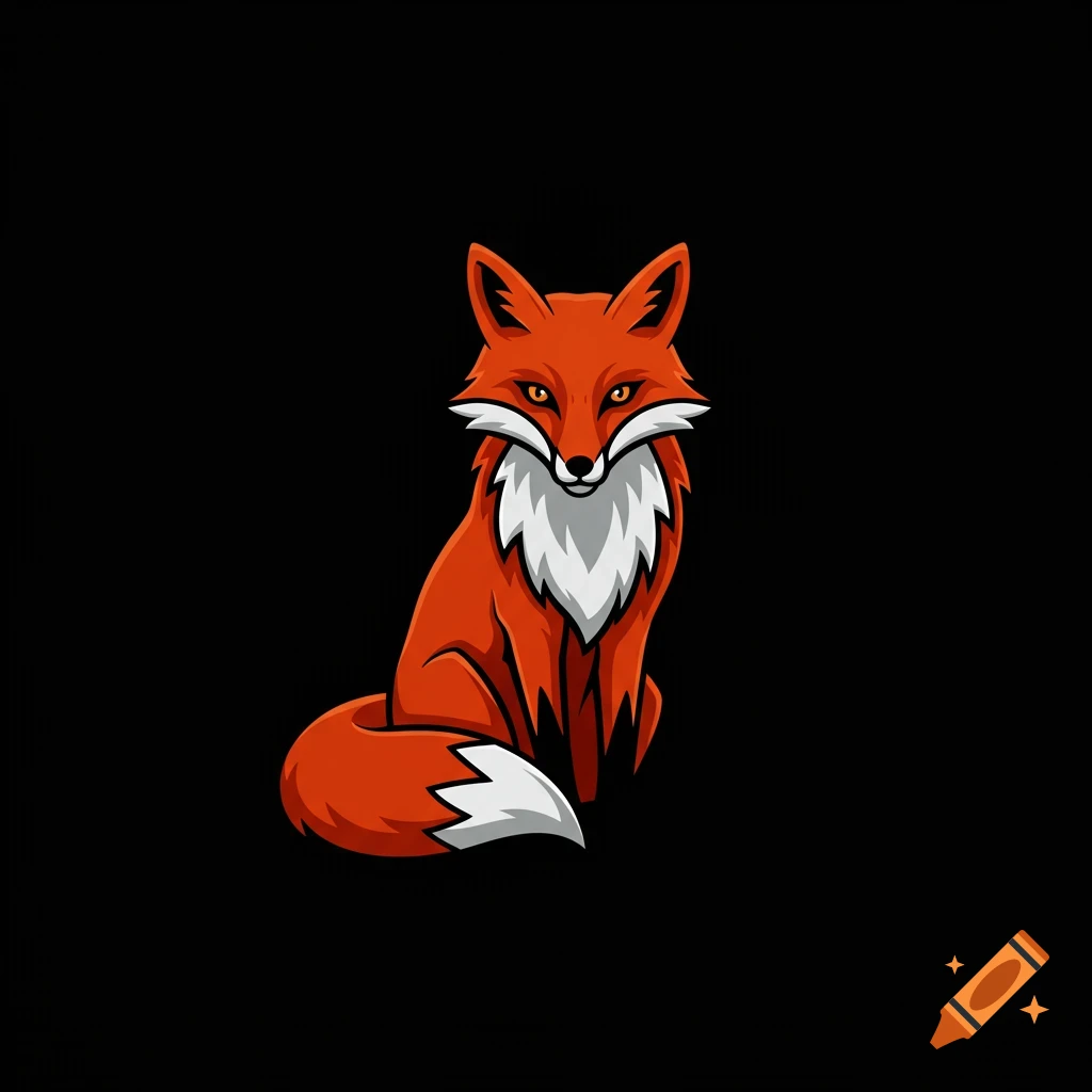 A stylized illustration of a sitting red fox with white fur on its chest and tail tip against a black background.