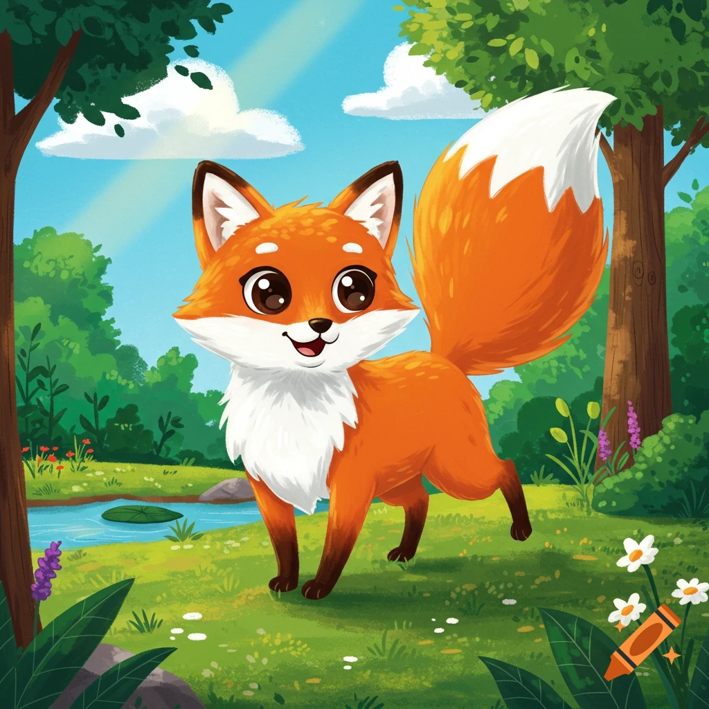 A cute cartoon fox stands in a sunny forest clearing near a stream.