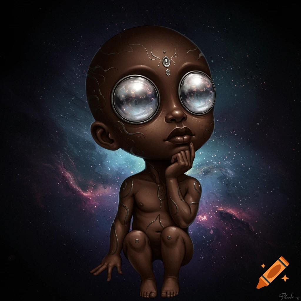 A dark-skinned alien creature with large metallic eyes and metallic patterns on its skin, in a contemplative pose against a space nebula background.