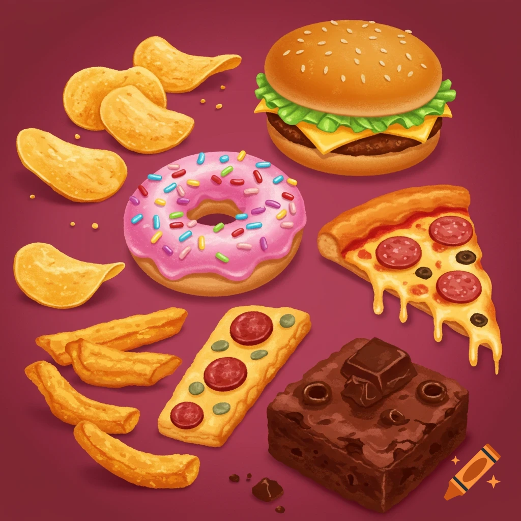 Assorted snacks are pictured: a hamburger, a slice of pizza, a donut, potato chips, french fries, and a brownie.