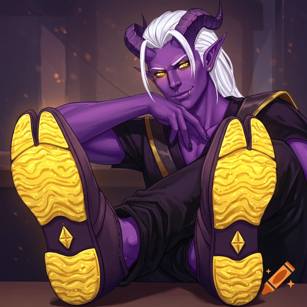 A purple-skinned tiefling character with horns and yellow eyes is sitting with their feet up in two-toed shoes.