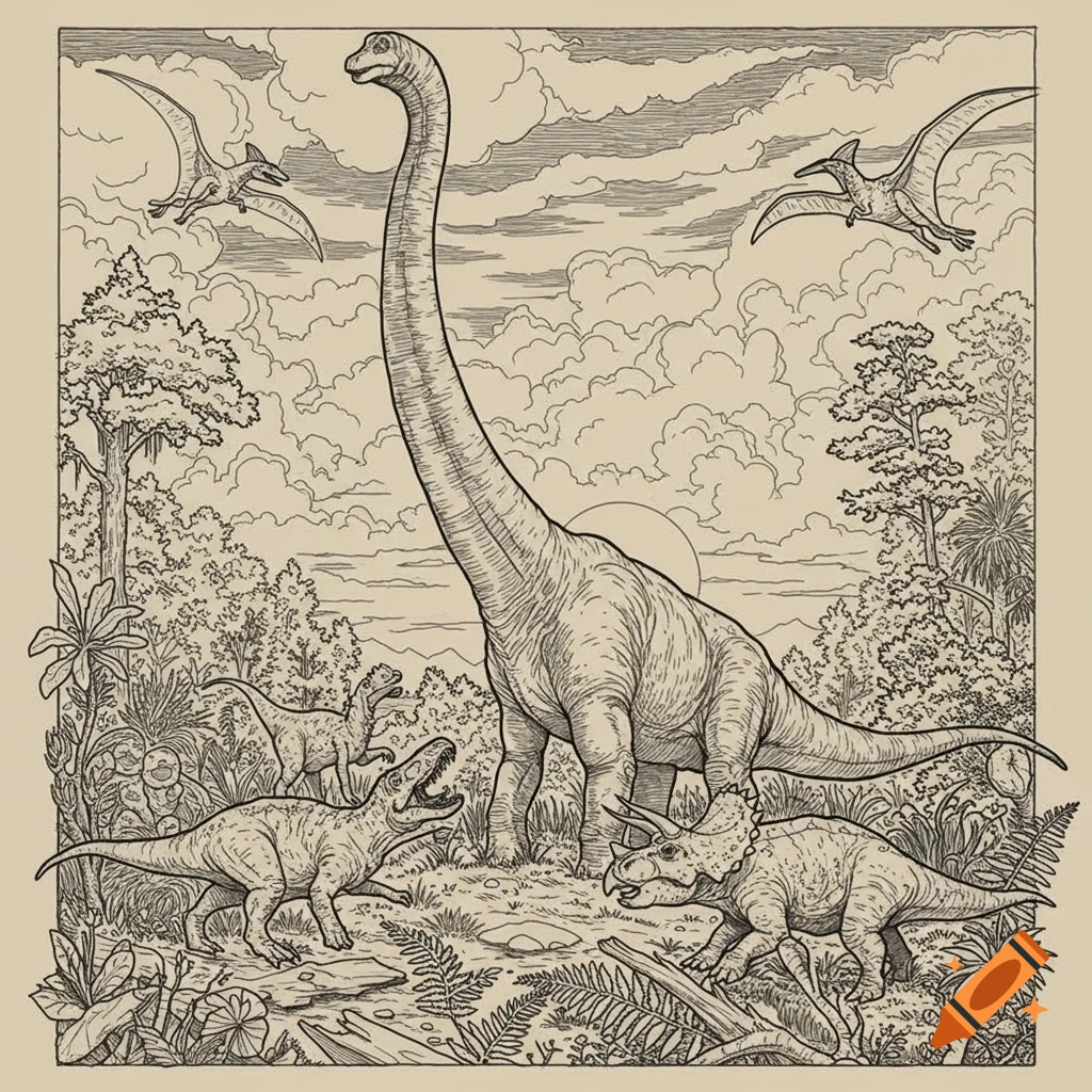 Linework illustration of several dinosaurs in a prehistoric landscape