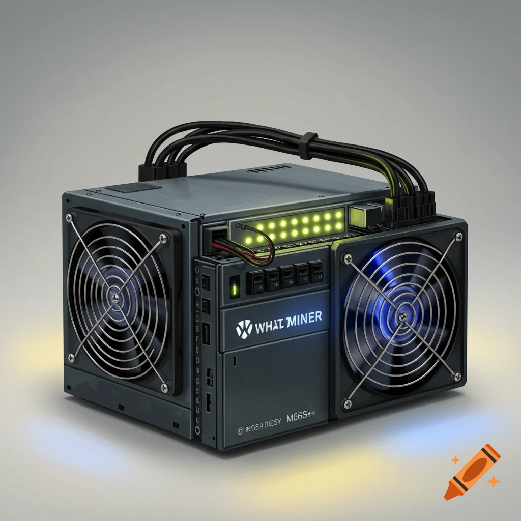 A dark gray cryptocurrency mining rig with cooling fans and green lights.